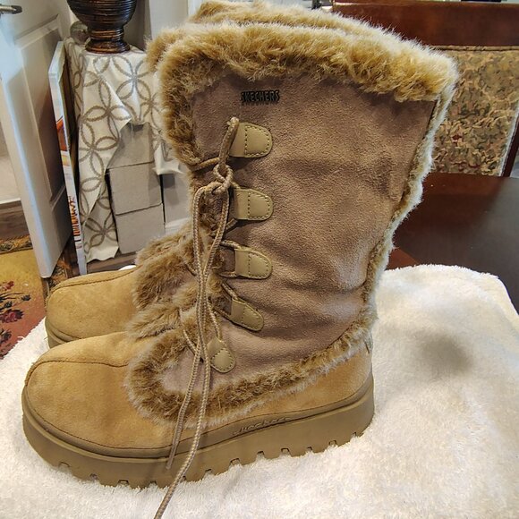 Skechers Outdoor Vintage Y2k Tan Leather Frolic 45708 Faux Fur Winter Boots - Picture 2 of 11